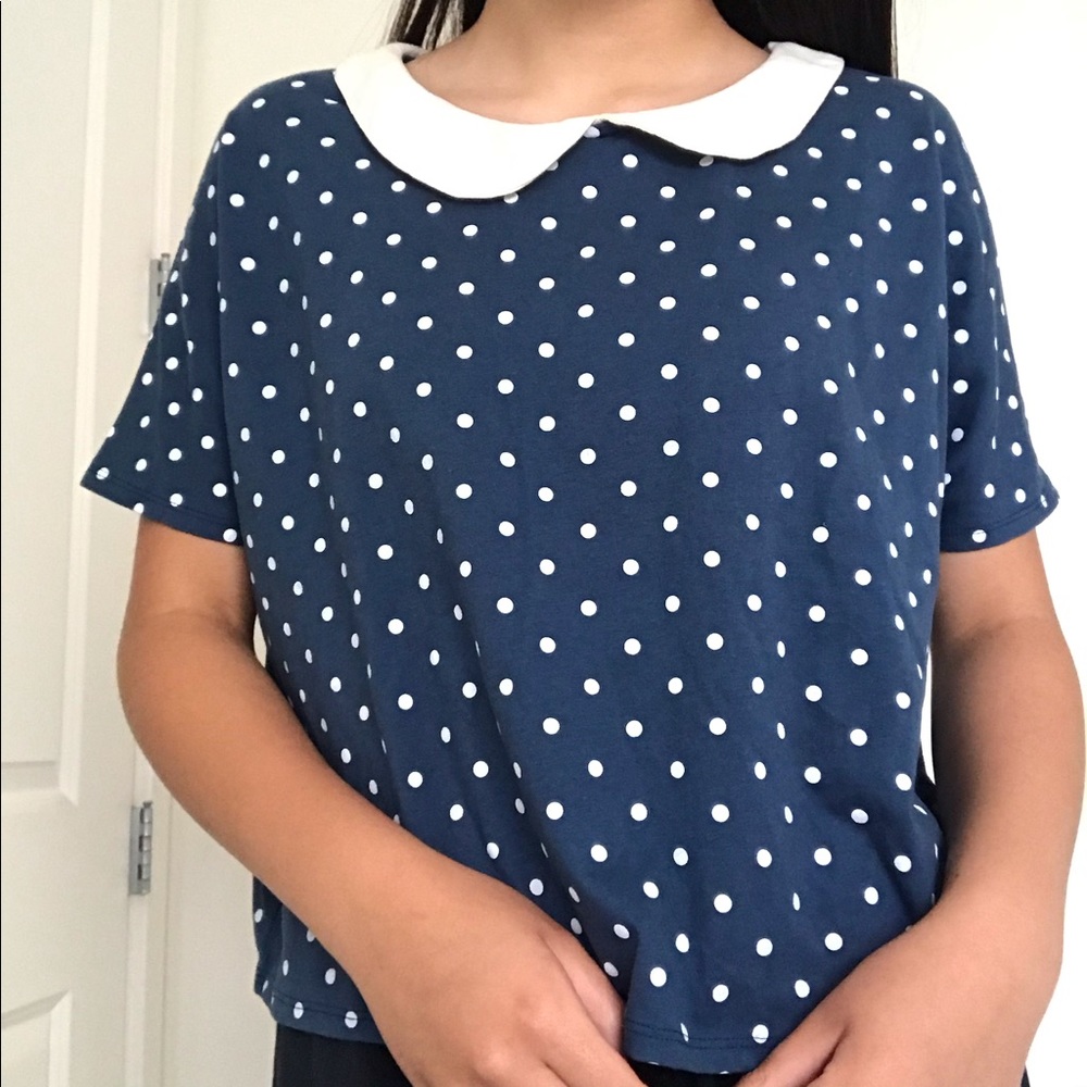 Women's Navy Polka Dot Top with Collar